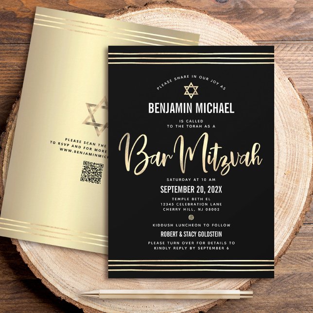 QR-kod Bar Mitzvah Svart Guld Script Tallit Fetsti Inbjudningar (Skapare uppladdad)