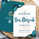 QR-kod Bar Mitzvah Turkos Agat Script Vit Inbjudningar<br><div class="desc">Var stolt, jubla och visa upp denna milstolpe för din favorit Bar Mitzvah! Skicka ut denna coola, unika, moderna, personliga QR-kod inbjudan till ett evenemang att minnas. Mörk tealblå scripttypografi, falsk guld sans serif-typografi och en falsk guld Davidstjärna över en enkel, ren vit bakgrund med turkos agataccentuerad med falska guldådror....</div>