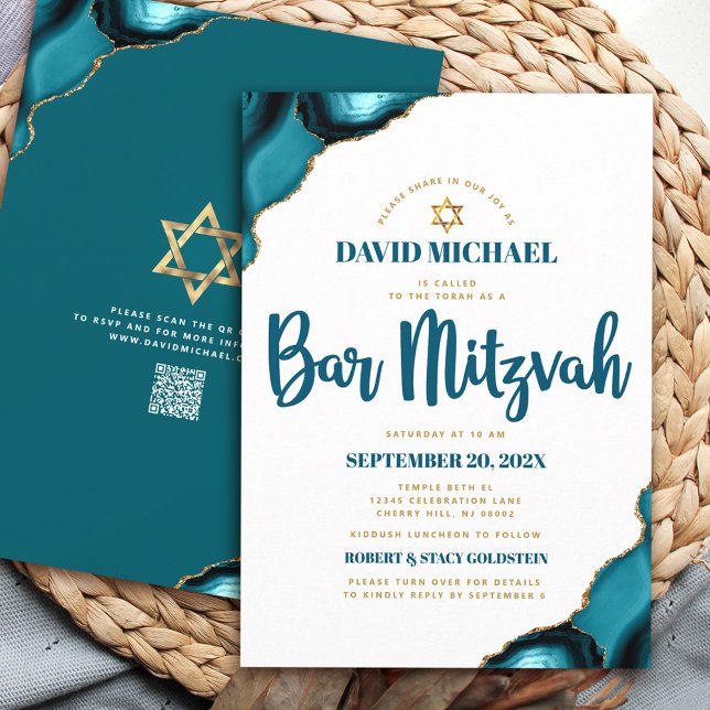 QR-kod Bar Mitzvah Turkos Agat Script Vit Inbjudningar (Skapare uppladdad)