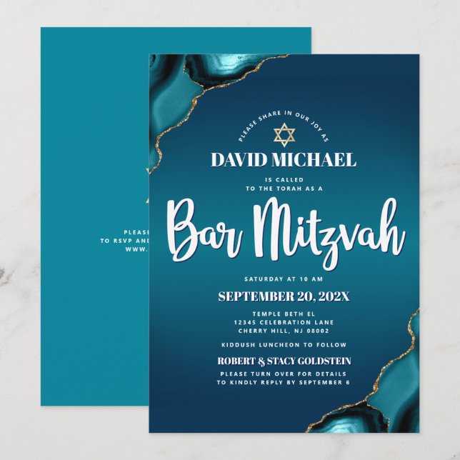 QR-kod Bar Mitzvah Turkos Ombre Agat Modern Inbjudningar (Fram/baksida)