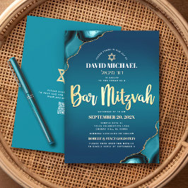 QR-kod Bar Mitzvah Turkos Ombre Agat Skrift Inbjudningar