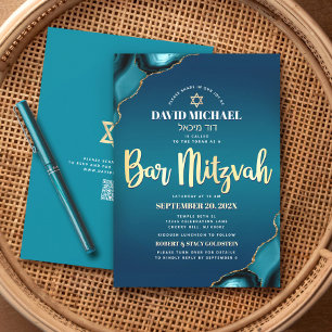 QR-kod Bar Mitzvah Turkos Ombre Agat Skrift Inbjudningar