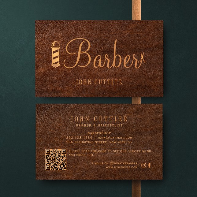 QR-KOD barberaffär vintage läder barberstolpe Visitkort (Skapare uppladdad)