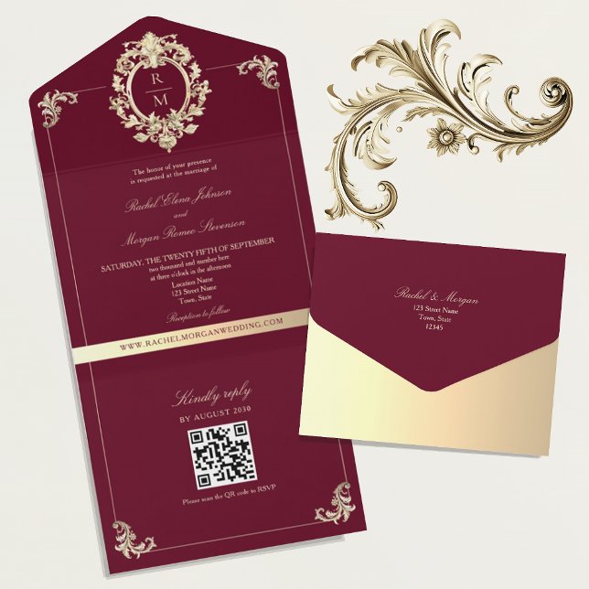 QR-kod Barock Burgund Guld Bröllop (Skapare uppladdad)