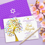 QR-kod Bat mitzvah Lila Guld fet Livets träd Inbjudningar<br><div class="desc">Var stolt, gladd och visa den här milstolpen av din favoritBat mitzvah! Skicka den här djärva, moderna QR-kodsinbjudan till personligen för en händelse att komma ihåg. En roligt, grafisk faux-folie-guld-träd med glatt turkos, teal, lila och blue Star av David och punkt "lövs", faux-guld foil calligraphy script och lila and grått...</div>