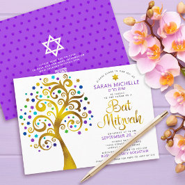 QR-kod Bat mitzvah Lila Guld fet Livets träd Inbjudningar