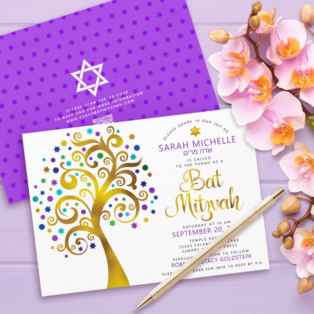 QR-kod Bat mitzvah Lila Guld fet Livets träd Inbjudningar (Skapare uppladdad)