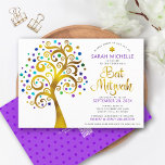 QR-kod Bat mitzvah Lila Guld Livets träd fet Inbjudningar<br><div class="desc">Var stolt, gladd och visa den här milstolpen av din favoritBat mitzvah! Skicka den här djärva, moderna QR-kodsinbjudan till personligen för en händelse att komma ihåg. En roligt, grafisk faux-folie-guld-träd med glatt turkos, teal, lila och blue Star av David och punkt "lövs", faux-guld foil calligraphy script och lila and grått...</div>