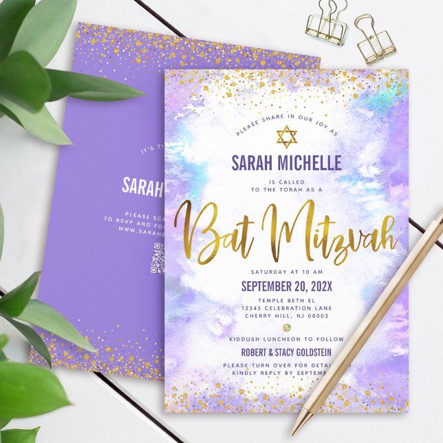 QR-kod Bat mitzvah Lila Watercolor Guld Glitter Inbjudningar (Skapare uppladdad)