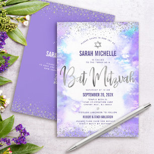 QR-kod Bat mitzvah Lila Watercolor Silver Foil Inbjudningar