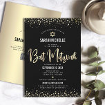 QR-kod Bat Mitzvah Modern Svart Guld Glitter Folie Inbjudningar<br><div class="desc">Var stolt, gläd dig och visa upp denna milstolpe för din favorit Bat Mitzvah! Skicka ut denna fantastiska, moderna, personliga QR-kod inbjudan till ett evenemang att minnas. Grafisk faux guld folie kalligrafi stil, Davids stjärna och konfettipunkter överlagrar en rik, dramatisk, svart bakgrund. På baksidan överlagras din dotters namn, Davids stjärna...</div>