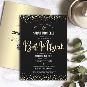 QR-kod Bat Mitzvah Modern Svart Guld Glitter Folie Inbjudningar