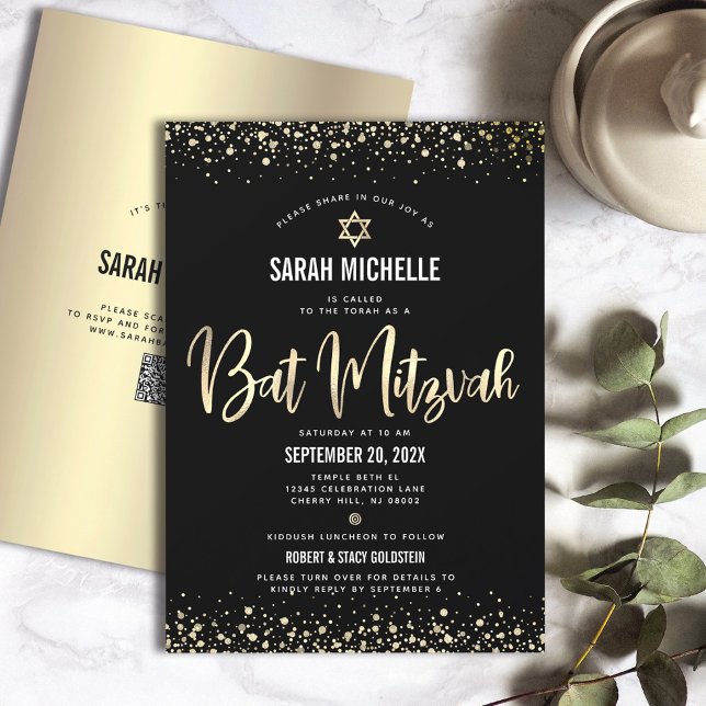 QR-kod Bat Mitzvah Modern Svart Guld Glitter Folie Inbjudningar (Skapare uppladdad)