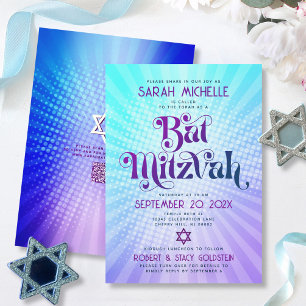 QR-kod Bat Mitzvah Retro Blå Lila Gradient Kul Inbjudningar