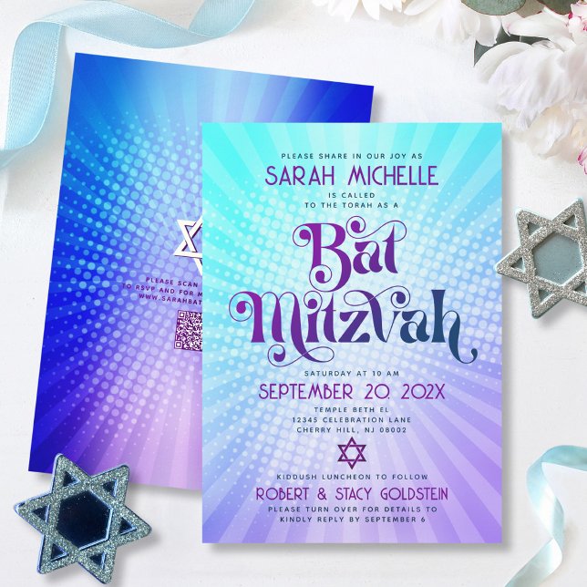 QR-kod Bat Mitzvah Retro Blå Lila Gradient Kul Inbjudningar (Skapare uppladdad)