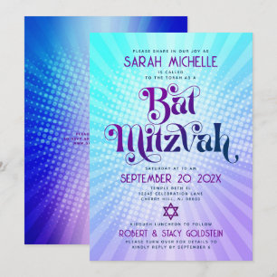 QR-kod Bat Mitzvah Retro Blå Lila Gradient Kul Inbjudningar