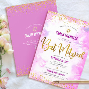 QR-kod Bat mitzvah Rosa Watercolor Guld Glitter Inbjudningar
