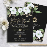 QR-kod Bat Mitzvah Svart Guld Blommig Script Femin Inbjudningar<br><div class="desc">Var stolt, gläd dig och visa upp denna milstolpe för din favorit Bat Mitzvah! Skicka ut denna sofistikerade, moderna, personliga QR-kod inbjudan till ett evenemang att minnas. En chic, fantastisk, vit och falsk guld glitter blomster vattenfärg med falsk guld folie skript typografi och vit sans serif typ överlagrar en dramatisk...</div>
