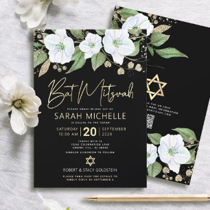 QR-kod Bat Mitzvah Svart Guld Blommig Script Femin Inbjudningar