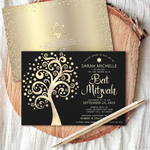 QR-kod Bat Mitzvah Svart Guld Livets Träd Script Inbjudningar