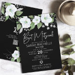 QR-kod Bat Mitzvah Svart Silver Blommig Script Inbjudningar<br><div class="desc">Var stolt, gläd dig och visa upp denna milstolpe för din favorit Bat Mitzvah! Skicka ut denna sofistikerade, moderna, personliga QR-kod inbjudan till ett evenemang att minnas. En chic, fantastisk, vit och falskt silver glitter floralt vattenfärg med falskt silverfolie skript typografi och vit sans serif typ överlagt på en dramatisk...</div>