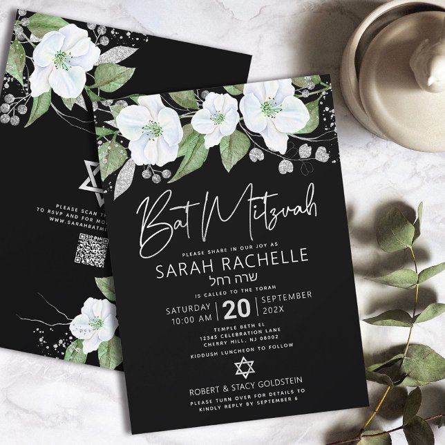 QR-kod Bat Mitzvah Svart Silver Blommig Script Inbjudningar (Skapare uppladdad)