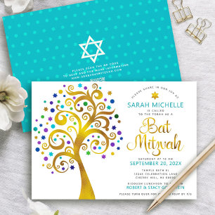 QR-kod Bat Mitzvah Turkos Guld Livets Träd Inbjudningar