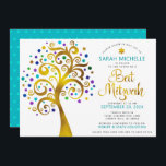 QR-kod Bat mitzvah turkos Guld Livets träd Inbjudningar<br><div class="desc">Var stolt, gladd och visa den här milstolpen av din favoritBat mitzvah! Skicka den här djärva, moderna QR-kodsinbjudan till personligen för en händelse att komma ihåg. En roligt, grafisk faux guld-folie träd med glatt turkos, teal, lila och blue Star av David och punkt "lövs", faux guld foil calligraphy script och...</div>