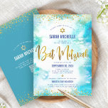 QR-kod Bat mitzvah turkos Watercolor Gold Foil Inbjudningar<br><div class="desc">Var stolt, gladd och visa den här milstolpen av din favoritBat mitzvah! Skicka ut den här fantastiska, moderna QR-kodsinbjudan för personlig för en händelse att komma ihåg. Sparkly faux guld-folie, glitter-punkter, David-stjärnan och handskrivet manustypografi täcker över en turkos vattenfärgsbakgrund. På baksidan finns ytterligare punkter i guld glitter, din dotters namn...</div>