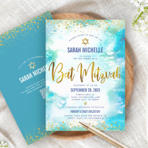 QR-kod Bat Mitzvah Turkos Watercolor Guld Folie Inbjudningar