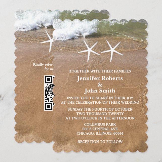 QR Kod Beach Starfish Sandy Ocean Bröllop Inbjudningar (Fram/baksida)