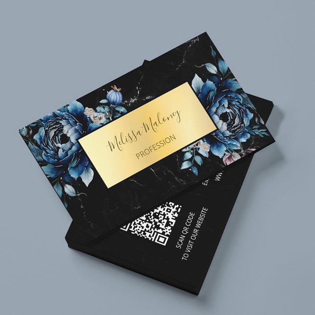 QR-kod | Blå akvarell Boho-blommor Visitkort (Skapare uppladdad)