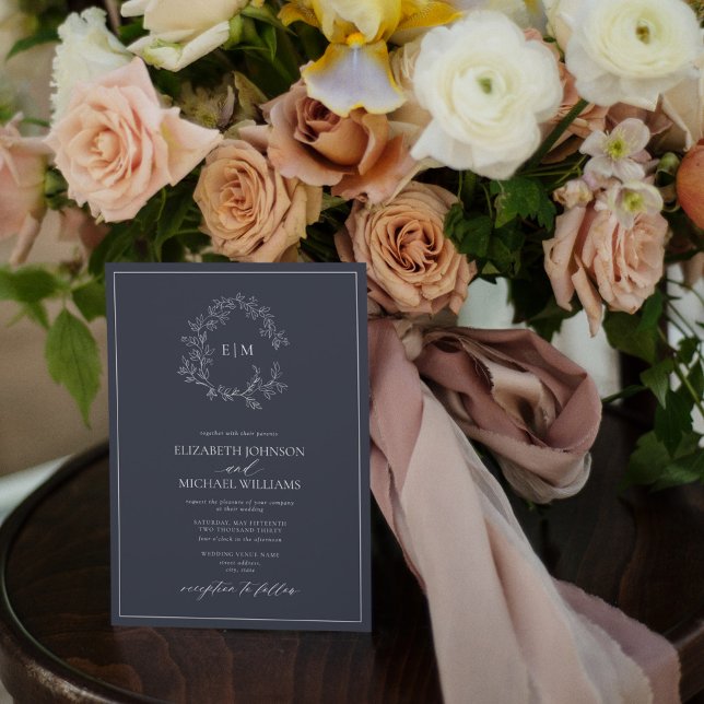 QR-kod: Blå bläddringsVapensköld, Monogram Bröllop Inbjudningar (Skapare uppladdad)