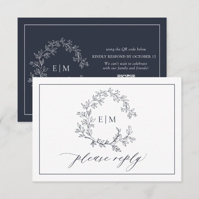 QR-kod: Blå bläddringsVapensköld, Monogram Bröllop OSA Kort (Fram/baksida)
