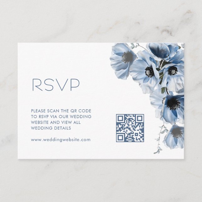 QR-kod |  Blå Blommig Bröllop Tilläggskort (Framsida)