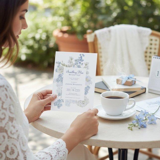 qr-kod Blå Blommig "Something Blue" Bröllopsfest Inbjudningar (Skapare uppladdad)