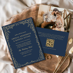 QR-kod: Blåblå Guld-fotominimalistisk Bröllop Inbjudningar
