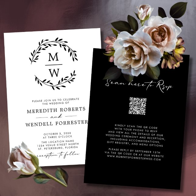QR- kod Black and White Monogram WAN Bröllop Inbjudningar (QR Code Black and White Monogram Wreath Wedding Invitation)