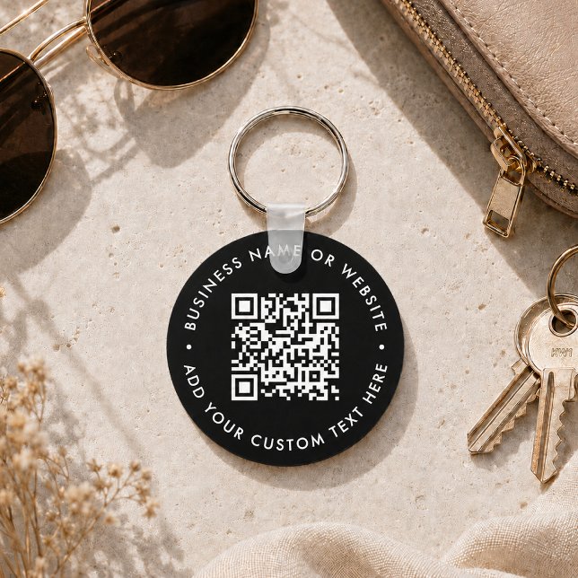 QR-kod | Black Business Modern Budget Round Nyckelring (Interactive editable QR code value keychains to promote your business, products or services.)
