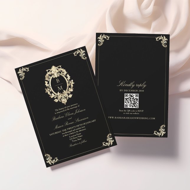 QR-kod Black Guld Baroque Monogram Bröllop Inbjudningar (Skapare uppladdad)