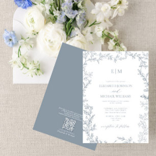QR-kod Blad Dammtigblå Elegant Monogram Bröllop Inbjudningar