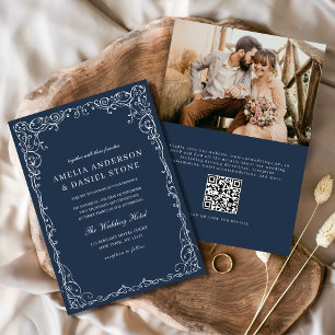QR-kod: Blått foto - minimalistiskt Elegant bröllo Inbjudningar