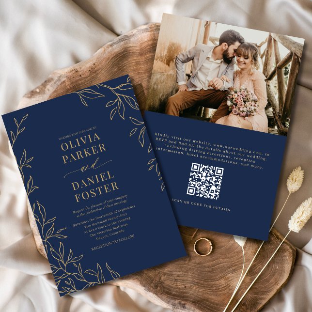 QR-kod: Blått Guld-foto Elegant bröllop Inbjudningar (Skapare uppladdad)