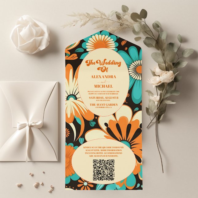 QR-kod Blommig Groovy Retro Bröllop (Skapare uppladdad)