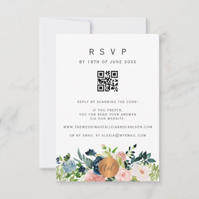 QR-KOD blomster elegant bröllopsinbjudan RSVP OSA Kort (Framsida)
