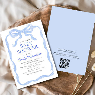 QR-kod Blue Ribbon Watercolor Bow Boy Shower Inbjudningar