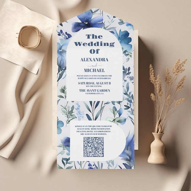 QR-kod Blue Watercolor Wildblommor Bröllop (Skapare uppladdad)