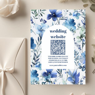 qr-kod Blue Watercolor Wildblommor Bröllop Tilläggskort