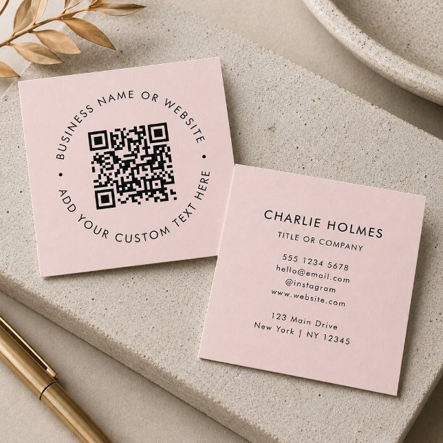 QR-kod | Blush Rosa Modern Professionell Fyrkantigt Visitkort (Interactive editable QR code square business cards to promote your business, products or services.)