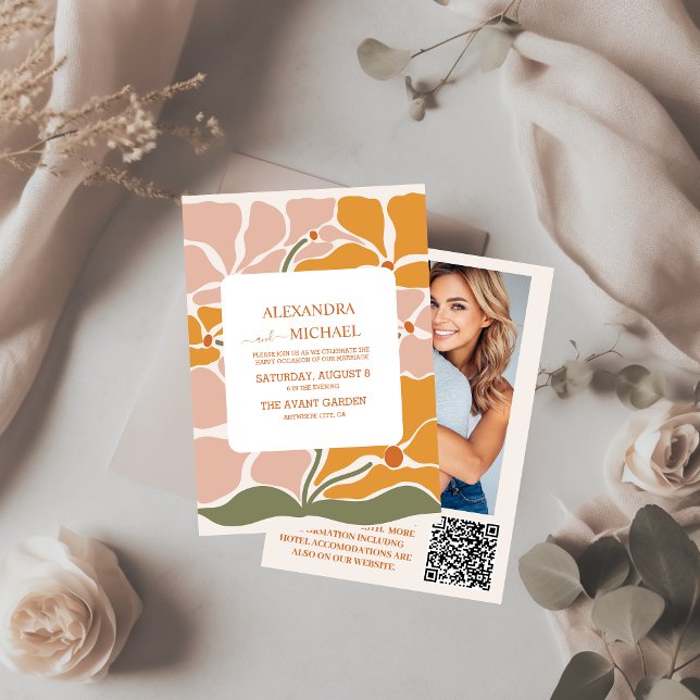 QR-kod Boho Chic Retro Blommig Bröllop Inbjudningar (Skapare uppladdad)